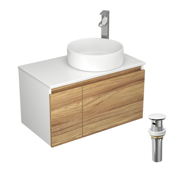 Комплект для ванной, 4 предмета (Тумба Bau Dream Blackwood 80, раковина BAU Dream круглая D41, смеситель для раковины Potato Hotel, выпуск клик клак, белый)