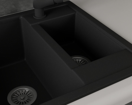 Мойка для кухни оборачиваемая полуторная чаша BAU Stil Black coal 60х50, выпуск с сифоном в комплекте, черный уголь