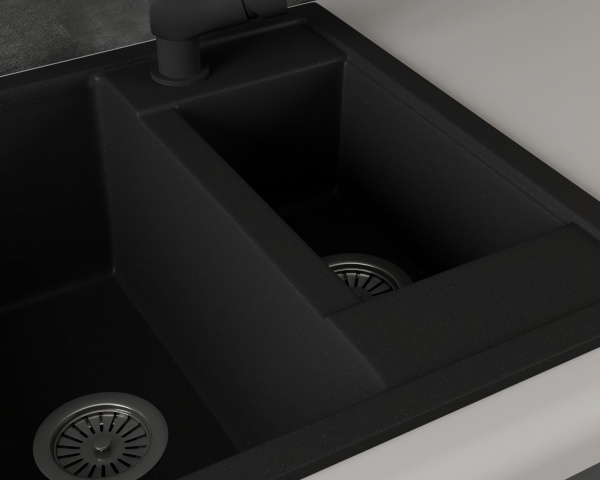 Мойка для кухни оборачиваемая полуторная чаша BAU Stil Black coal 60х50, выпуск с сифоном в комплекте, черный уголь