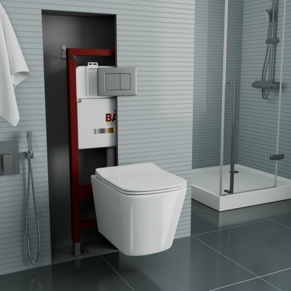 Комплект BAU 6 в 1: инсталляция BAU PRO, Унитаз подвесной безободковый Bau Stil 49x35, сиденье дюропласт микролифт, клавиша Stil Gun Grey, темно-серый металлик