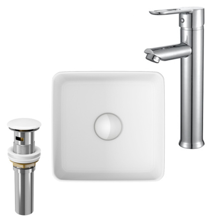 Раковина накладная со смесителем и выпуском (Умывальник BAU Mini квадратный 24х24 белый + смеситель для раковины высокий Diadonna Dream, латунь, выпуск клик клак, белый)