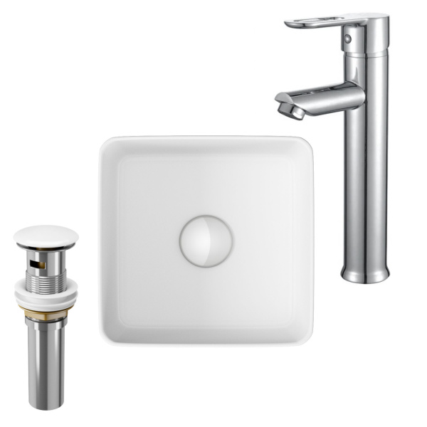 Раковина накладная со смесителем и выпуском (Умывальник BAU Mini квадратный 24х24 белый + смеситель для раковины высокий Diadonna Dream, латунь, выпуск клик клак, белый)