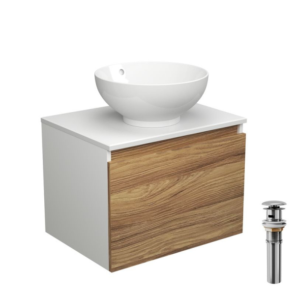 Тумба с раковиной и выпуском (тумба подвесная Bau Dream 60 + раковина чаша BAU Dream D41, белая, выпуск клик-клак, хром)