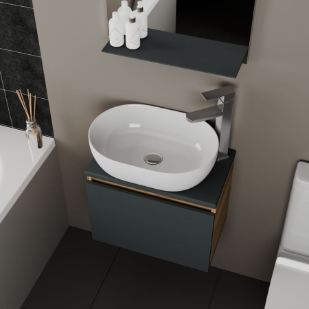 Комплект для ванной, 4 предмета (Тумба подвесная Bau Blackwood 50 графит + Раковина BAU 48х34, Смеситель высокий Hotel Still, нерж. сталь, выпуск)