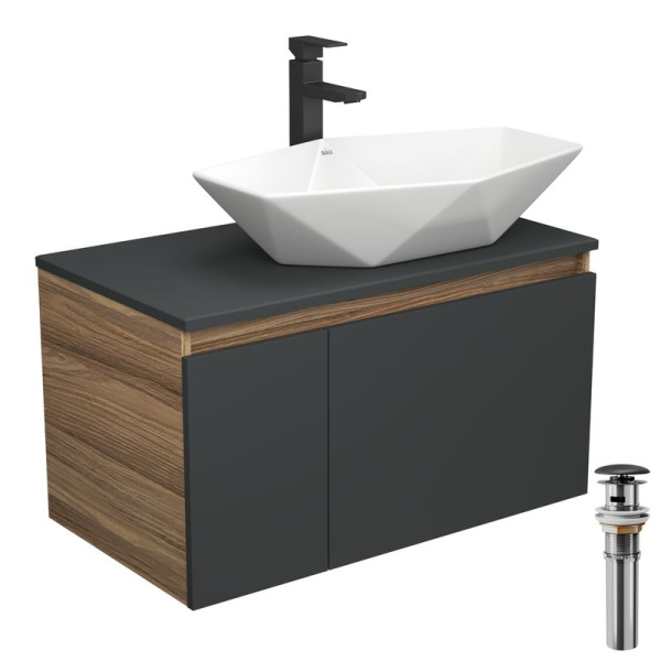 Комплект для ванной, 4 предмета (тумба Bau 80, графит + раковина на столешницу BAU Crystal 64х40 + смеситель Hotel Black, выпуск клик-клак, черный)