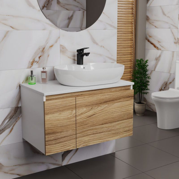 Комплект для ванной, 3 предмета (Тумба подвесная Bau Blackwood 80 + Раковина BAU 60х42, с отв. под см-ль, Смеситель Cerama Black, черный)