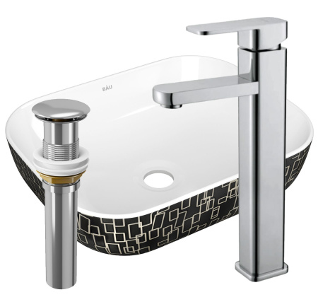 Раковина накладная со смесителем и выпуском (прямоугольная BAU Stil 50х40, белая/черная + смеситель Hotel Still, нер. сталь, выпуск клик-клак хром)