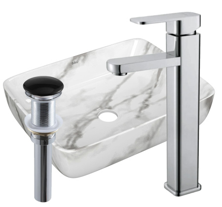 Раковина накладная со смесителем и выпуском (прямоугольная BAU Hotel 48х37, мрамор + смеситель Hotel Still, нер. сталь, выпуск клик-клак черный)