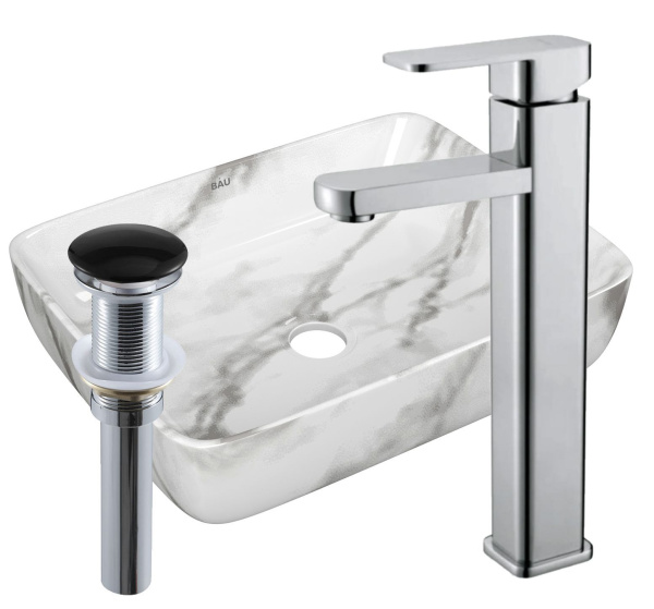 Раковина накладная со смесителем и выпуском (прямоугольная BAU Hotel 48х37, мрамор + смеситель Hotel Still, нер. сталь, выпуск клик-клак черный)