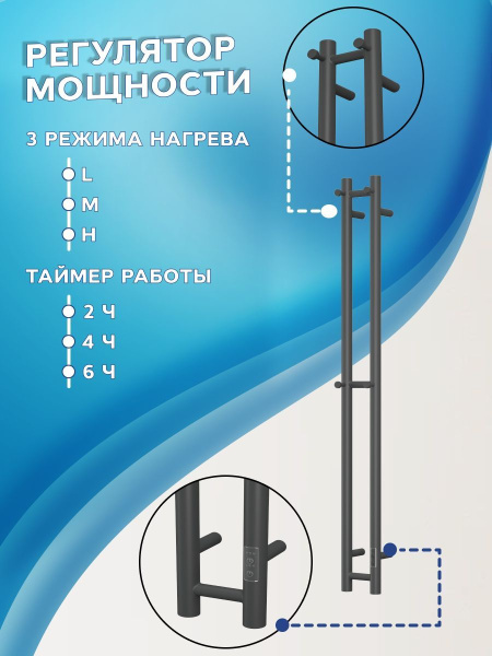 Полотенцесушитель дизайнерский электрический, профильный BAU Stella 8х120, 2 коллектора, 4 крючка (Чёрный матовый DB-0070)