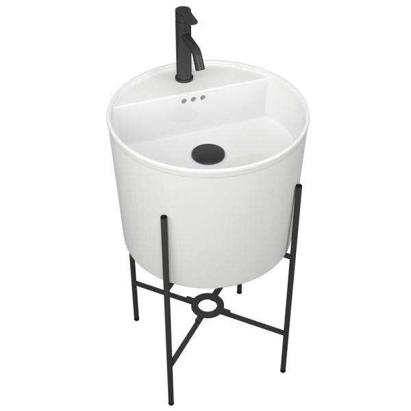 Раковина напольная с металлическими ножками и выпуском (BAU Omega белая + смеситель Dream Black, выпуск клик-клак черный)