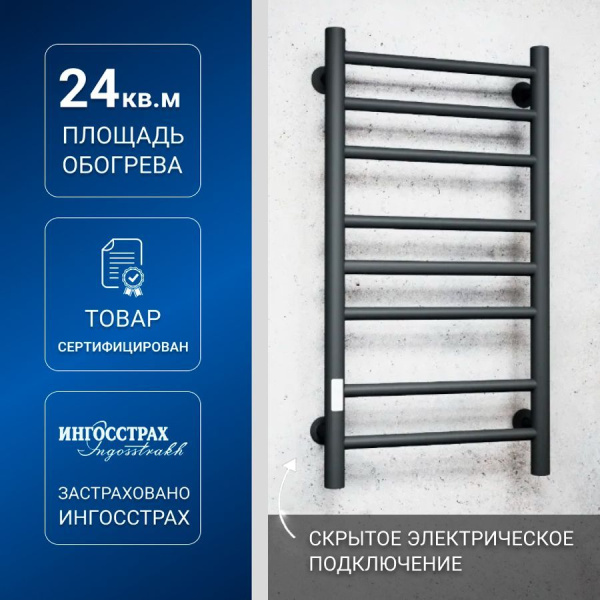 Полотенцесушитель электрический Маргроид BAU В10 40х80, П8 (3+3+2) с таймером слева, черный матовый RAL 9005