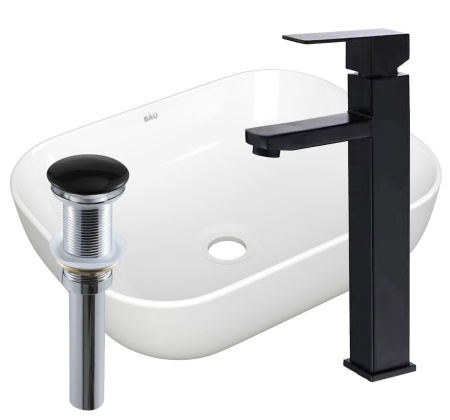 Раковина накладная со смесителем и выпуском (прямоугольная BAU Stil 50х40, белая + смеситель Hotel Black, черный, выпуск клик-клак черный)