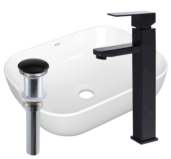 Раковина накладная со смесителем и выпуском (прямоугольная BAU Stil Pro 50х40, белая + смеситель  Hotel Black, черный, выпуск клик-клак черный)