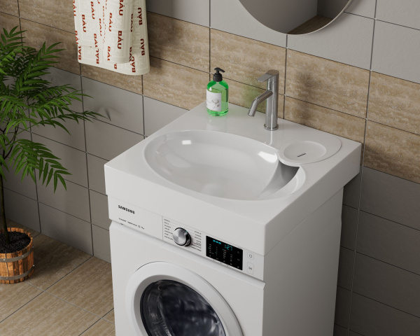 Раковина над стиральной машиной BAU Nimb 60х60, литьевой мрамор в комплекте с кронштейнами и сифоном, белый глянец