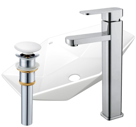 Раковина накладная со смесителем и выпуском (на столешницу BAU Crystal 64х40, белая + смеситель Hotel Still, нер. сталь, выпуск клик-клак белый)