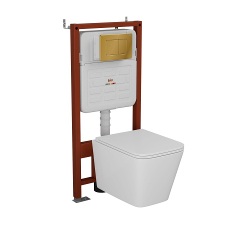 Комплект BAU 6 в 1: усиленная инсталляция BAU IDEAL, унитаз подвесной безободковый торнадо обратного потока Bau Stil Hurricane2, сиденье микролифт, клавиша BAU Light антивандальная, нерж. сталь золото