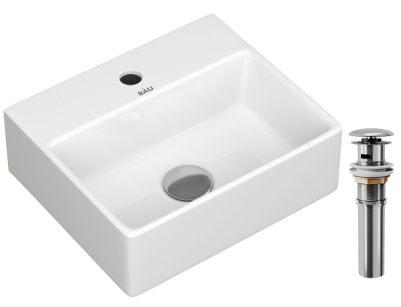 Раковина прямоугольная BAU Cerama Mini 33х28, с отверстием под смеситель, белая + выпуск