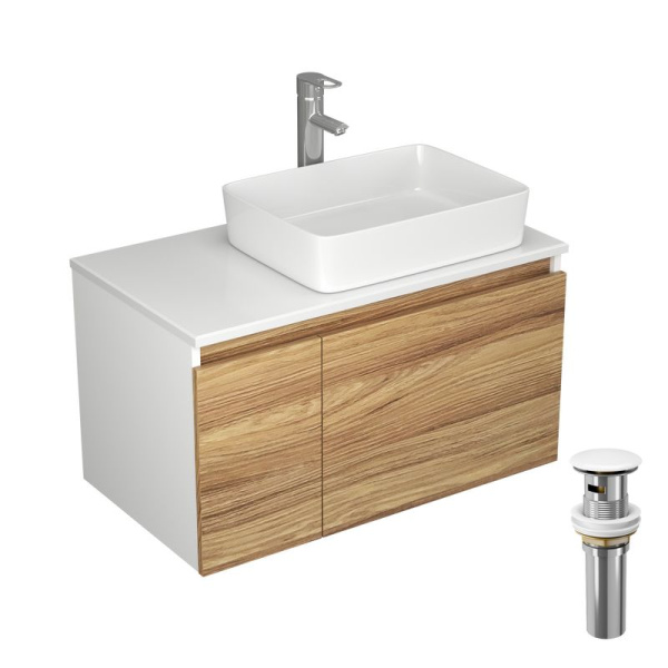 Комплект для ванной, 4 предмета (Тумба Bau Dream Blackwood 80, раковина BAU Hotel 48х37, смеситель для раковины Diadonna Dream, латунь, выпуск клик клак, белый)