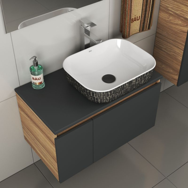 Комплект для ванной, 4 предмета (тумба Bau 80, графит + раковина BAU Stil Black White 50х40 + смеситель Hotel Still, выпуск клик-клак, черный)