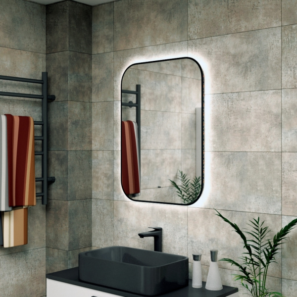 Зеркало Bau Black Rand 50х70, с LED фоновой подсветкой, бесконтактным сенсором, черной окантовкой