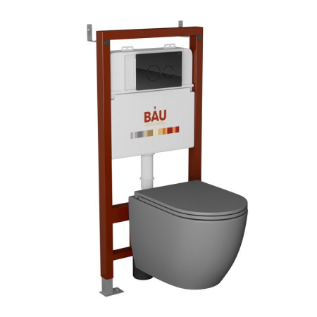 Комплект BAU 6 в 1: инсталляция BAU PRO, унитаз подвесной торнадо обратного потока Bau Dream Hurricane-2 темно-серый матовый, сиденье дюропласт микролифт, клавиша из стекла Dream, черная