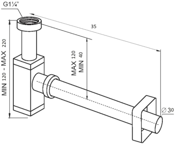 Сифон для раковины BAU Stil дизайнерский металлический, квадратный, без сливного клапана, хром