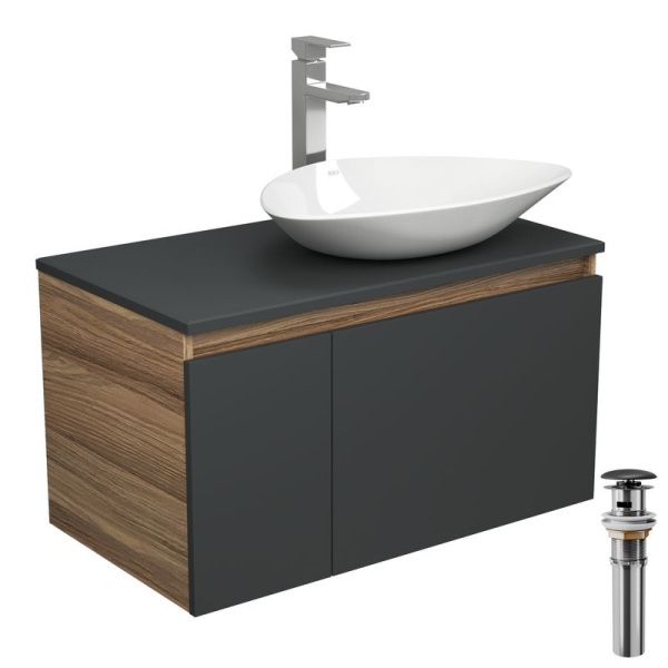 Комплект для ванной, 4 предмета (тумба Bau 80, графит + раковина BAU Triangle 59х39 + смеситель Hotel Still, выпуск клик-клак, черный)