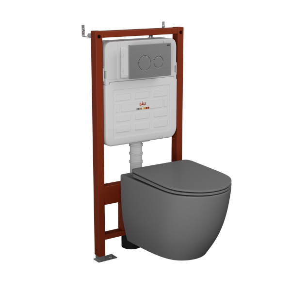 Комплект BAU 6 в 1: усиленная инсталляция BAU IDEAL, унитаз подвесной безободковый Bau Dream темно-серый матовый, сиденье микролифт, клавиша BAU Wheel антивандальная, нерж. сталь брашированная