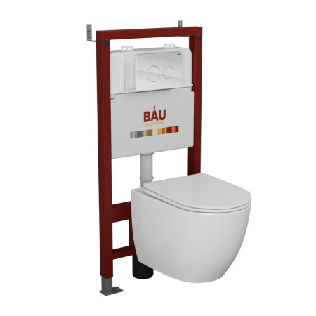 Комплект BAU 6 в 1: инсталляция BAU PRO, унитаз подвесной безободковый Bau Dream 49,5х36, сиденье дюропласт микролифт, клавиша из стекла BAU Dream, белая