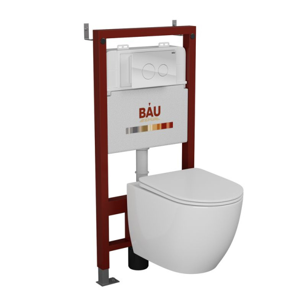 Комплект BAU 6 в 1: инсталляция BAU PRO, унитаз подвесной безободковый Bau Dream 49,5х36, сиденье дюропласт микролифт, клавиша из стекла BAU Dream, белая