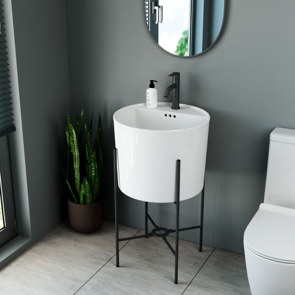 Раковина напольная с металлическими ножками BAU Omega белая + выпуск клик-клак, хром