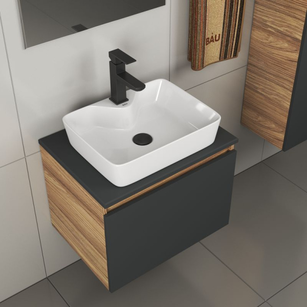 Комплект для ванной, 4 предмета (тумба Bau 60, графит + раковина BAU 48х37, с отв. под смеситель + смеситель Hotel Black, выпуск клик-клак, черный)