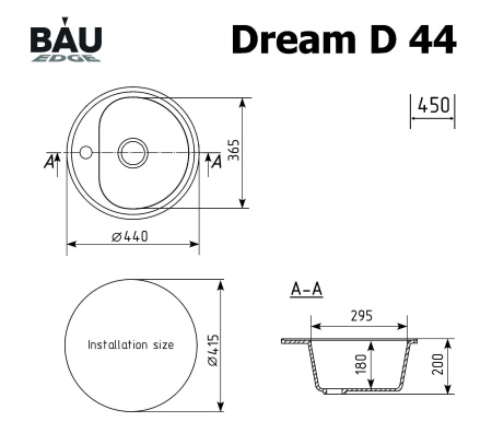 Мойка для кухни BAU Dream Black stone D 44, выпуск с сифоном в комплекте, черный камень