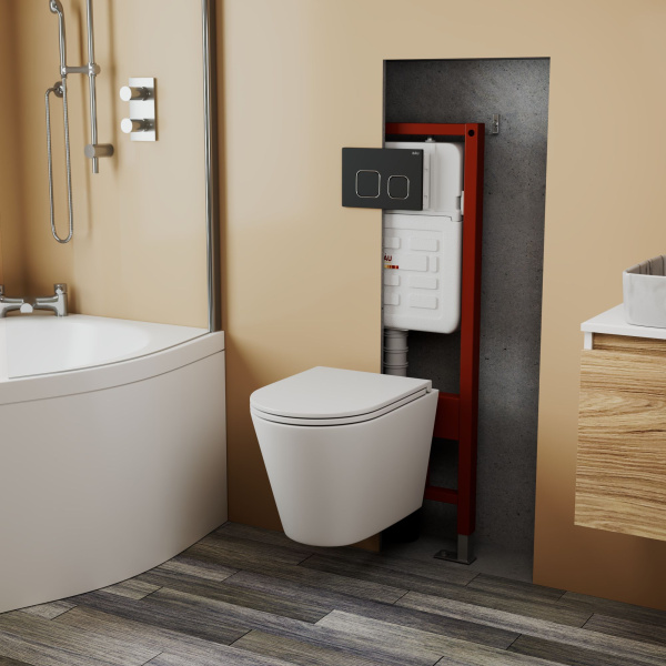 Комплект BAU 6 в 1: усиленная инсталляция BAU IDEAL, унитаз подвесной безободковый торнадо обратного потока Bau Nimb 52х36 Hurricane-2, сиденье дюропласт микролифт, клавиша BAU Strike, черная матовая