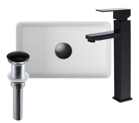 Раковина накладная со смесителем и выпуском (прямоугольная BAU Hotel mini 37х23, белая + смеситель Hotel Black, черный, выпуск клик-клак черный)