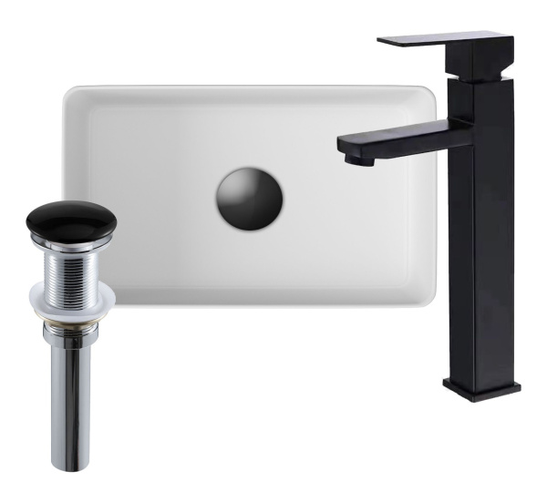 Раковина накладная со смесителем и выпуском (прямоугольная BAU Hotel mini 37х23, белая + смеситель Hotel Black, черный, выпуск клик-клак черный)
