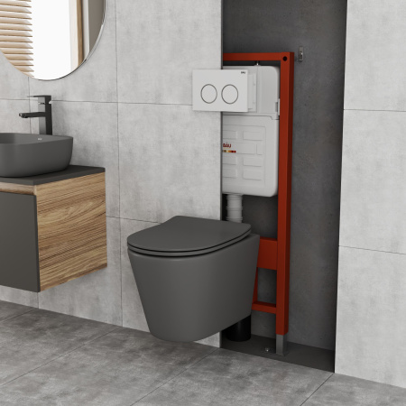 Комплект BAU 6 в 1: усиленная инсталляция BAU IDEAL, унитаз подвесной безободковый Bau Nimb темно-серый матовый, сиденье дюропласт микролифт, клавиша BAU Round, белый/хром