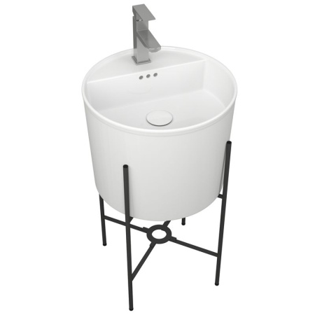 Раковина напольная с металлическими ножками и выпуском (BAU Omega белая + смеситель Hotel Still, выпуск клик-клак белый)