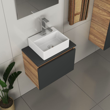 Комплект для ванной, 4 предмета (Тумба подвесная под раковину Bau 50, графит + раковина BAU 33х28 + смеситель Hotel Still, нержавеющая сталь, выпуск)