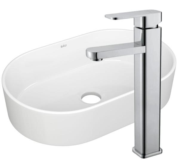 Раковина накладная со смесителем (овальная BAU Nimb 56х36, белая + смеситель Hotel Still, нержавеющая сталь)
