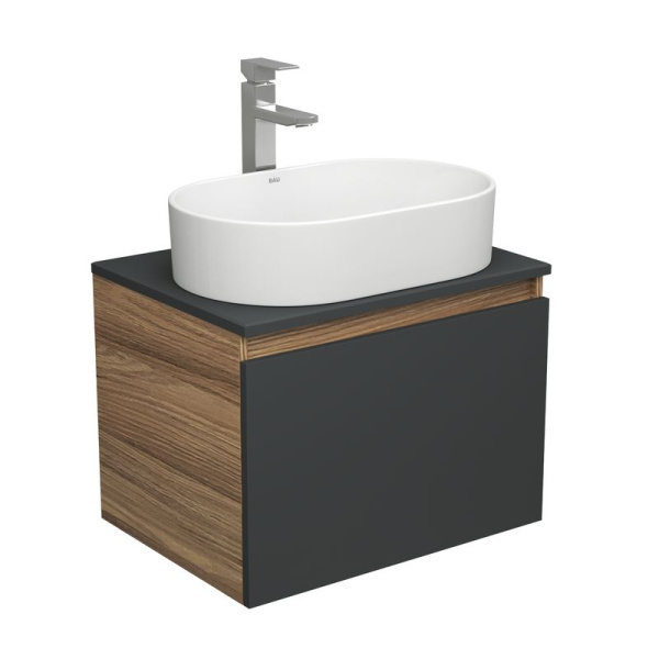 Комплект для ванной, 3 предмета (тумба Bau Dream 60, графит + раковина санфаянс накладная BAU Nimb 56х36, смеситель высокий Hotel Still)