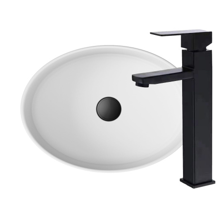 Раковина накладная со смесителем (BAU Nimb овальная 50х36, белая + смеситель для раковины высокий Hotel Black, черный)