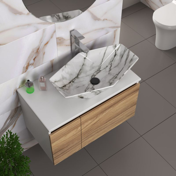 Комплект для ванной, 4 предмета (Тумба подвесная Bau Blackwood 80 + Раковина BAU 64х40, мрамор + Смеситель Hotel Still, нерж. сталь, выпуск черный)