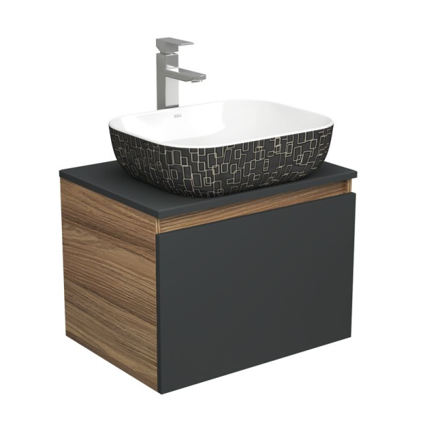 Комплект для ванной, 3 предмета (тумба Bau Dream 60, графит + раковина санфаянс накладная BAU Stil Black White 50х40, смеситель высокий Hotel Still)