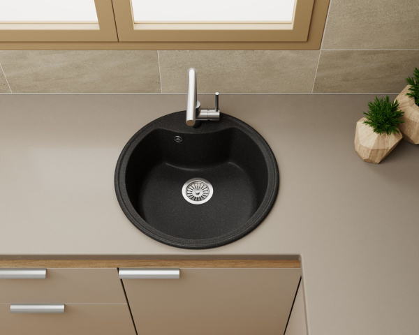 Мойка для кухни BAU Dream Black stone D 51, выпуск с сифоном в комплекте, черный камень