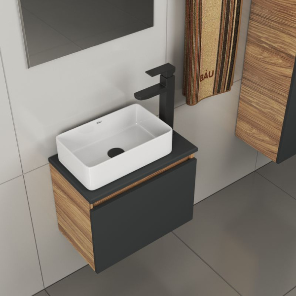 Комплект для ванной, 4 предмета (тумба Bau 50, графит + раковина BAU Hotel mini 38х24 + смеситель Hotel Black, выпуск клик-клак, черный)