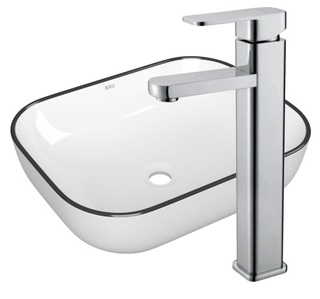 Раковина накладная со смесителем (прямоугольная BAU Stil 50х40, белая, черный кант + смеситель Hotel Still, нержавеющая сталь)