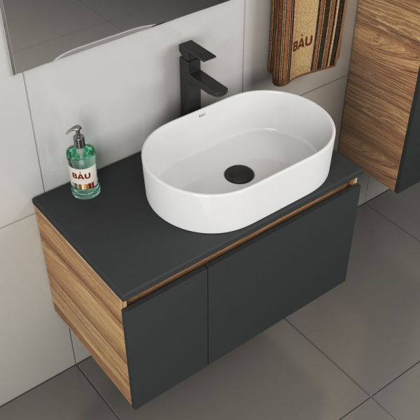 Комплект для ванной, 4 предмета (тумба Bau 80, графит + раковина BAU Nimb 56х36 + смеситель Hotel Black, выпуск клик-клак, черный)