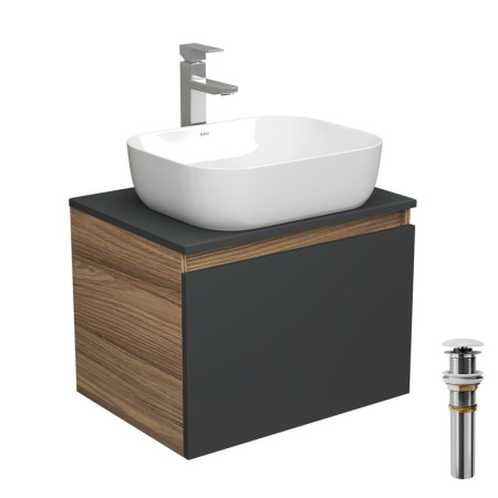 Комплект для ванной, 4 предмета (тумба Bau 60, графит + раковина BAU Stil Pro Pro 50х40 + смеситель Hotel Still, выпуск клик-клак, белый)